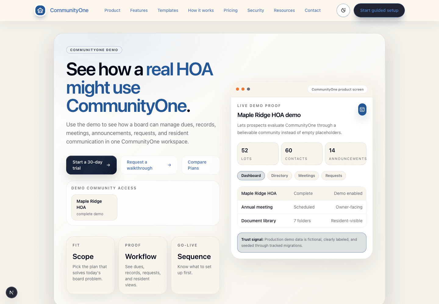CommunityOne demo page showing the Maple Ridge HOA demo community experience.