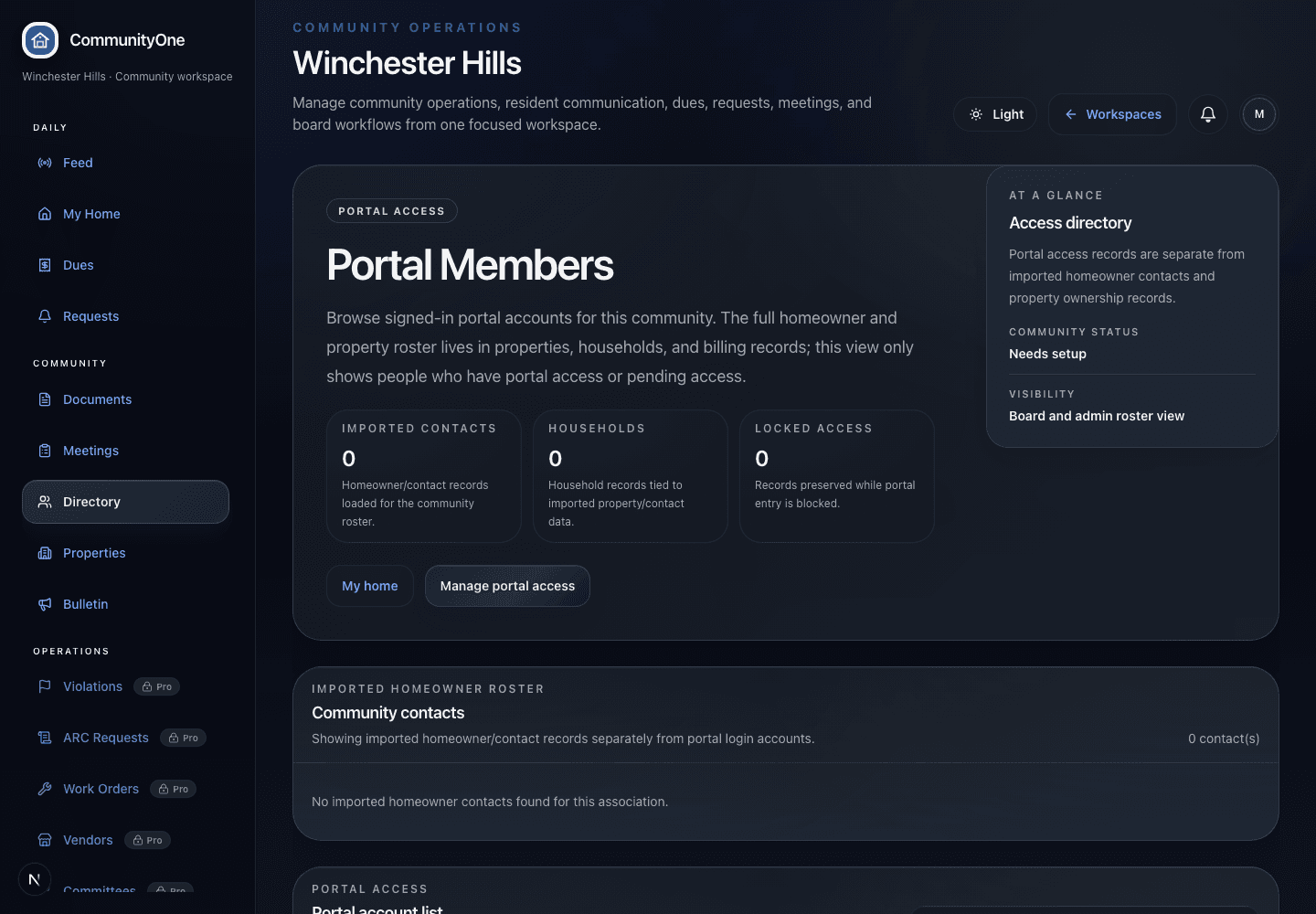 CommunityOne member directory showing resident and board member records.