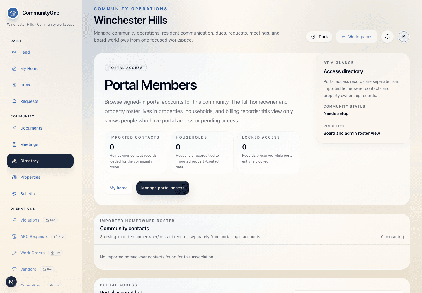CommunityOne member directory showing resident and board member records.