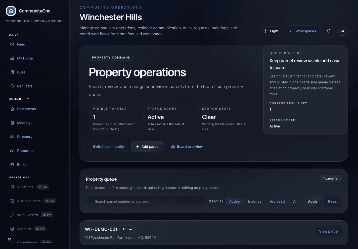 CommunityOne property directory showing lots, parcel context, and community property records.