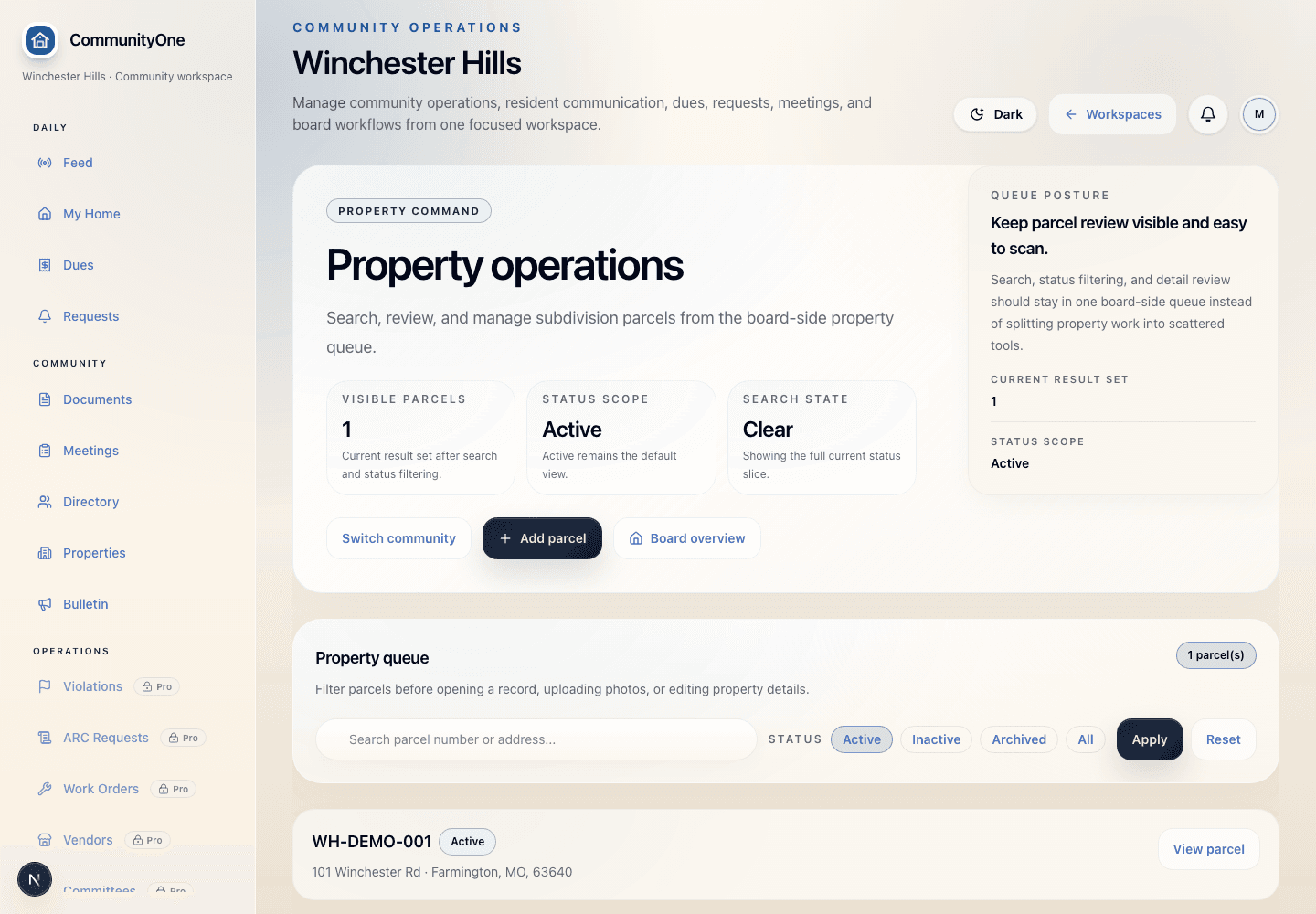 CommunityOne property directory showing lots, parcel context, and community property records.