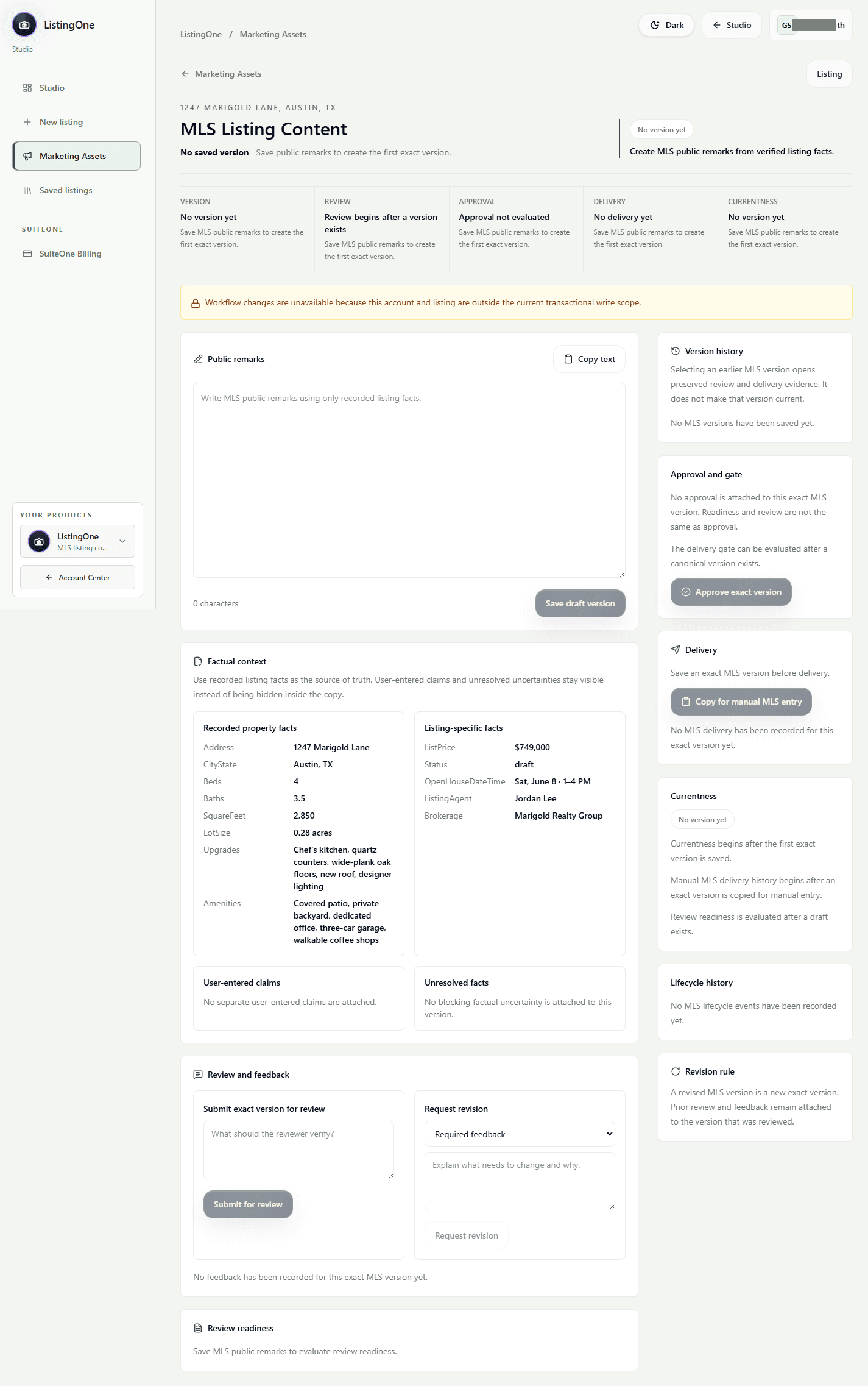 The ListingOne MLS Listing Content workspace, showing listing remarks with version history.